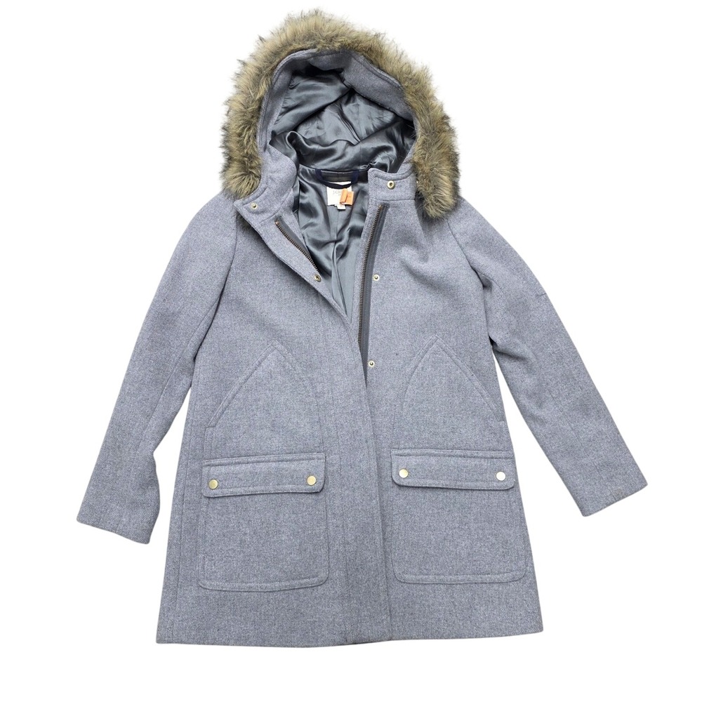 J. Crew Wool Blend Hooded Parka Coat with Faux Fur Trim Gray Size‎ 2